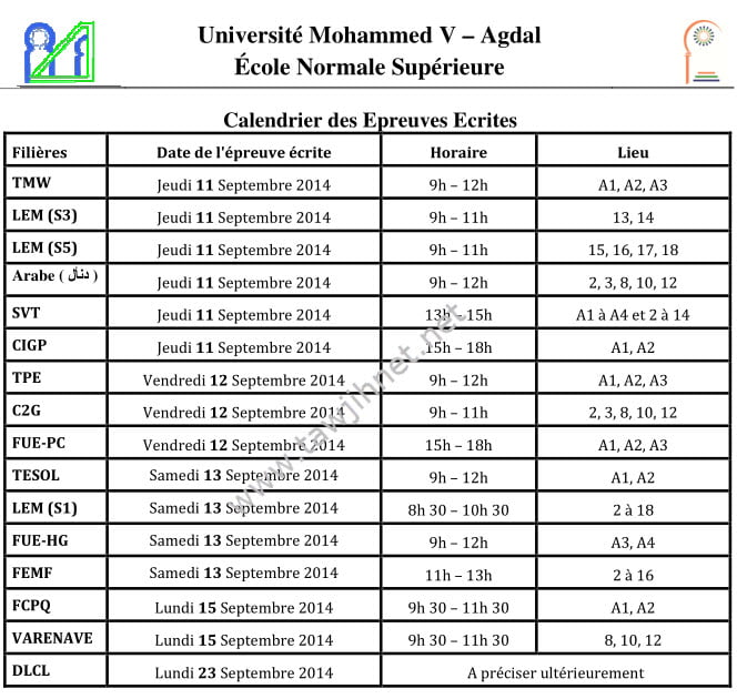 calendrier ENS Rabat