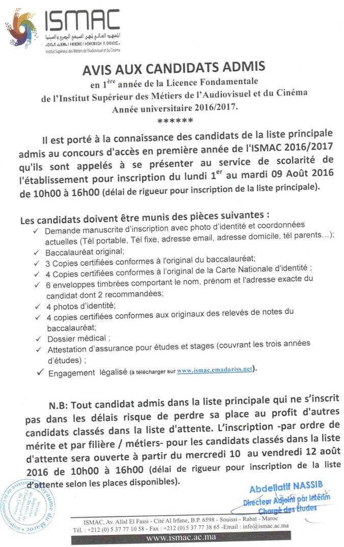 AVIS D'INSCRIPTION ISMAC