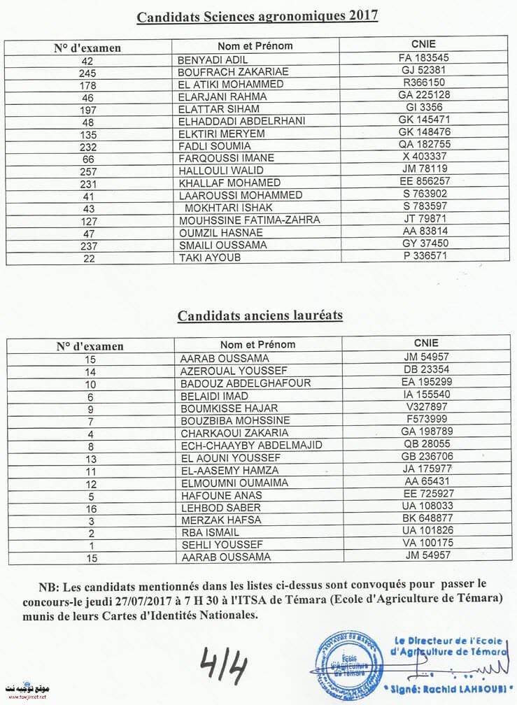 techniciens Préselection Institut des Techniciens spécialisés en Agriculture de Témara 2017-2018