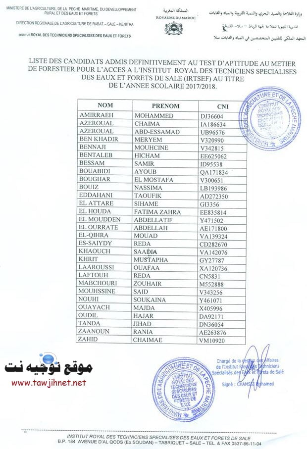 Résultats Concours Institut Royal Techniciens Spécialises Eaux Et Forets IRTSEF Sale 2017-2018