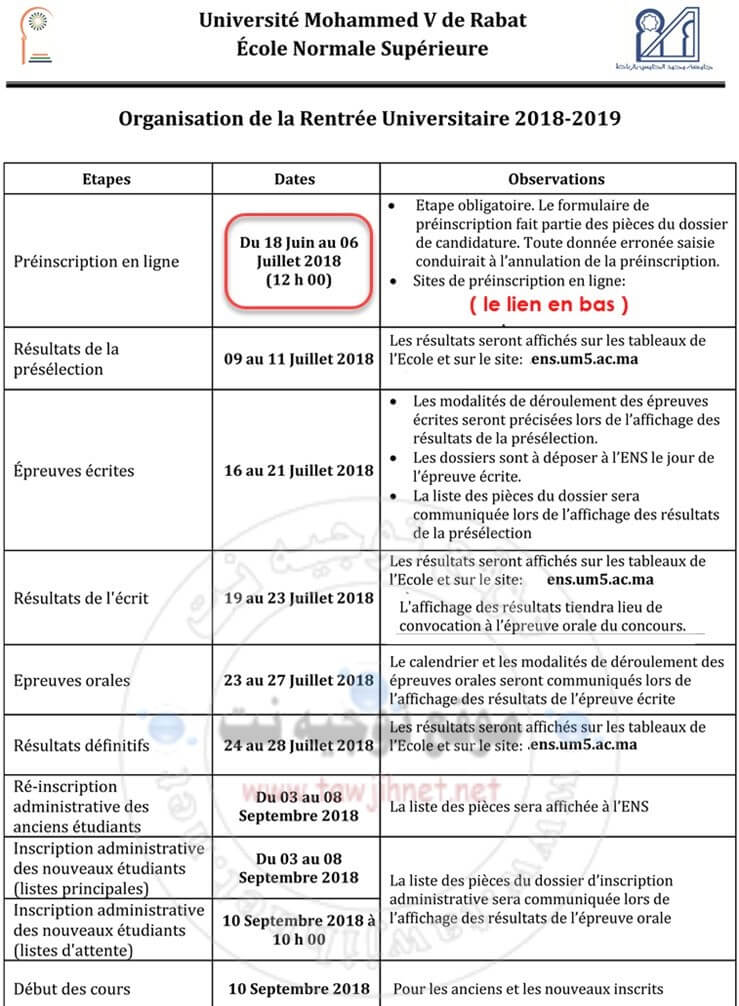 Bac Concours Ecole Normale Supérieure ENS Rabat 2018-2019