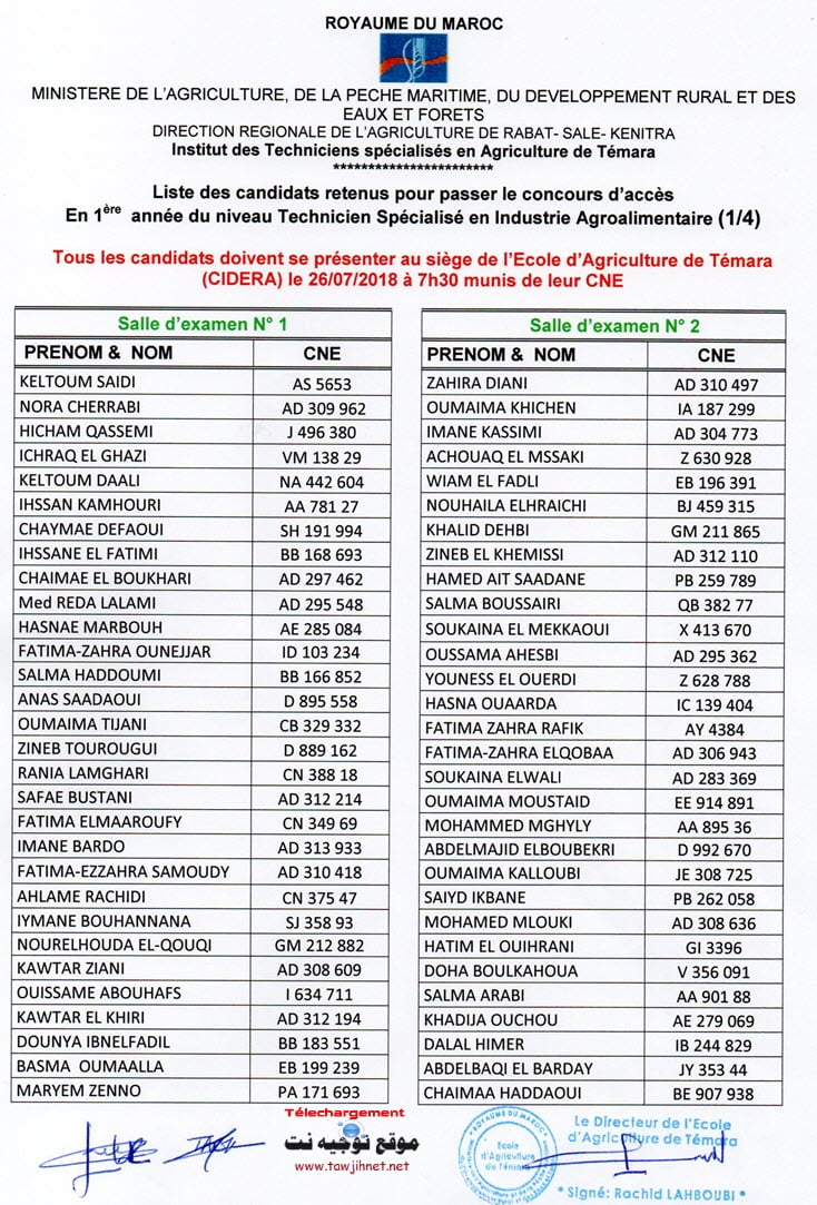 candidats retenus passer concours IAA Institut Techniciens spécialisés Agriculture Témara 2018-2019