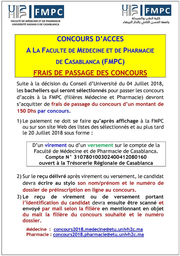 Préselection Bac Concours d'accès pharmacie FM Casablanca 2018-2019