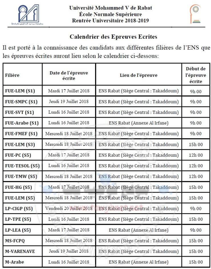 calendrier ens rabat epreuves ecrit
