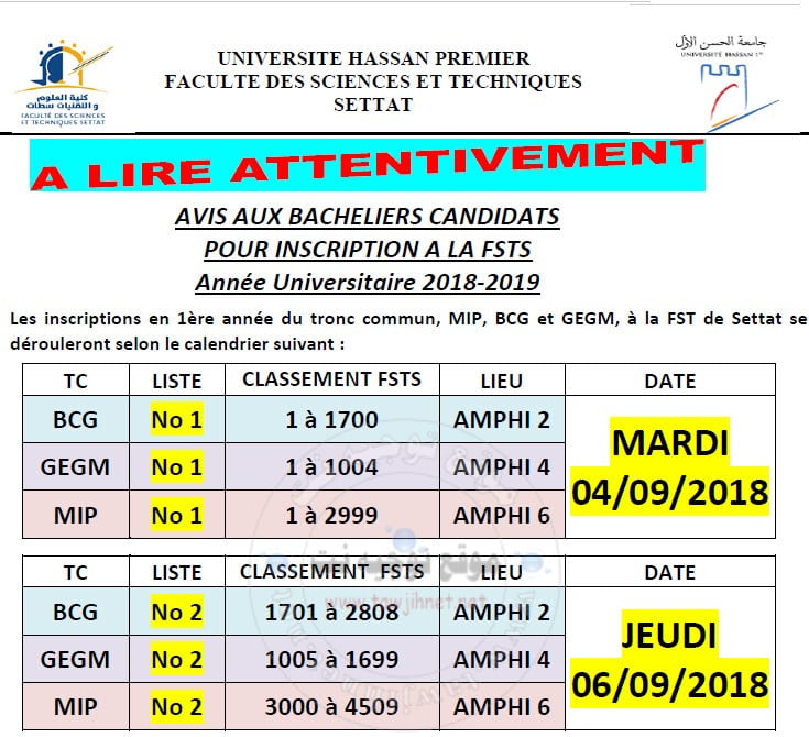 Bac Résultats de Selection Faculté Sciences Et Techniques  FST Settat 2018- 2019