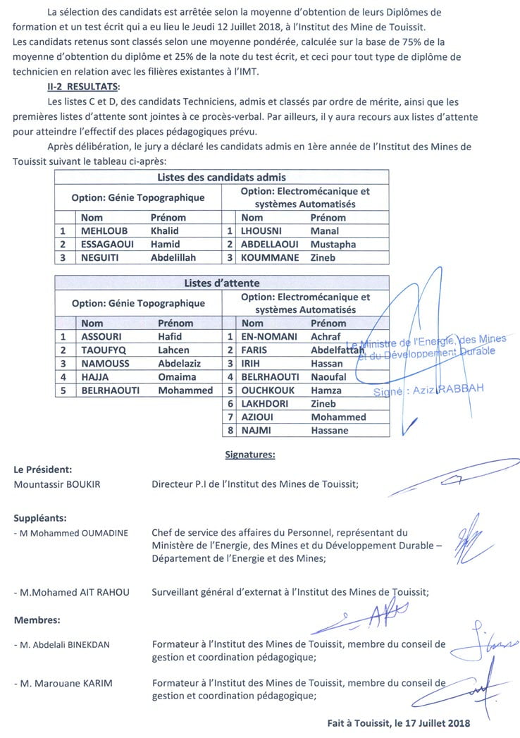 Bac Résultats Concours d'accès à Institut Des Mines Touissit IMT 2018-2019