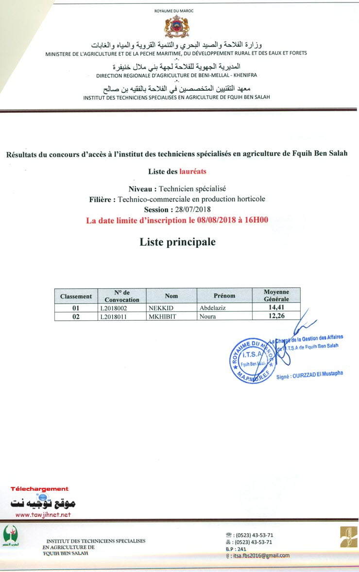 Résultats Concours Institut Des Techniciens Specialises En Agriculture De Fquih Ben Salah 2018-2019