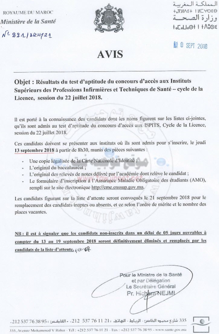 Résultats Définitifs Concours d'accès Instituts Supérieurs professions infirmières ISPITS 2018-2019