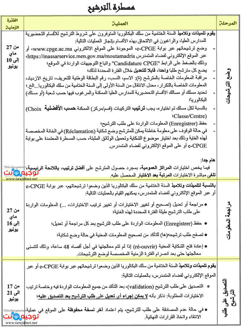 calendrier cpge tawjihnet 2019 2020
