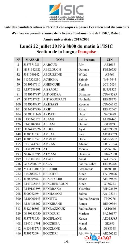 Résultats Ecrit concours ISIC Rabat fr 2019