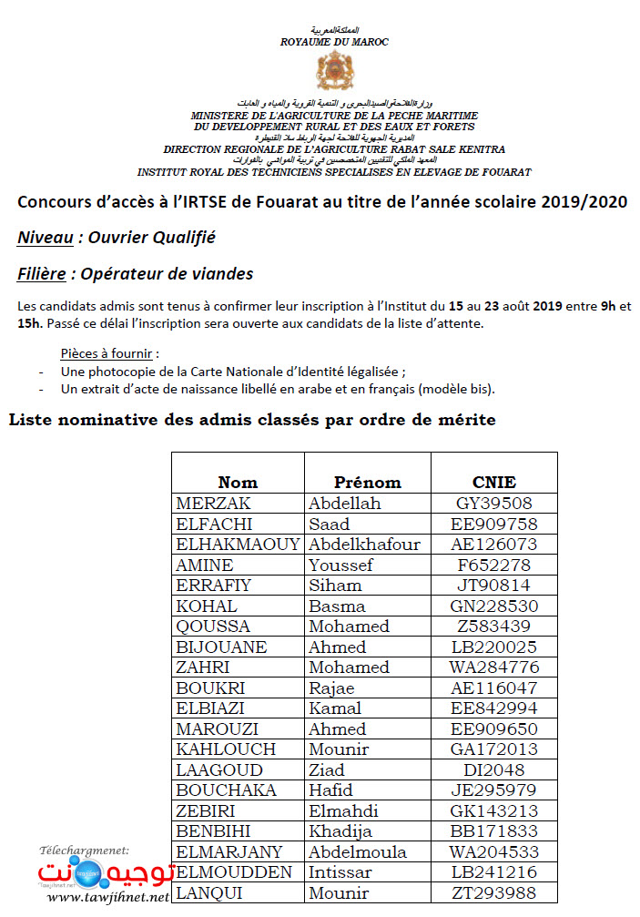 Résultats Concours Opérateur de viandes IRTSE Fouarat 2019 2020