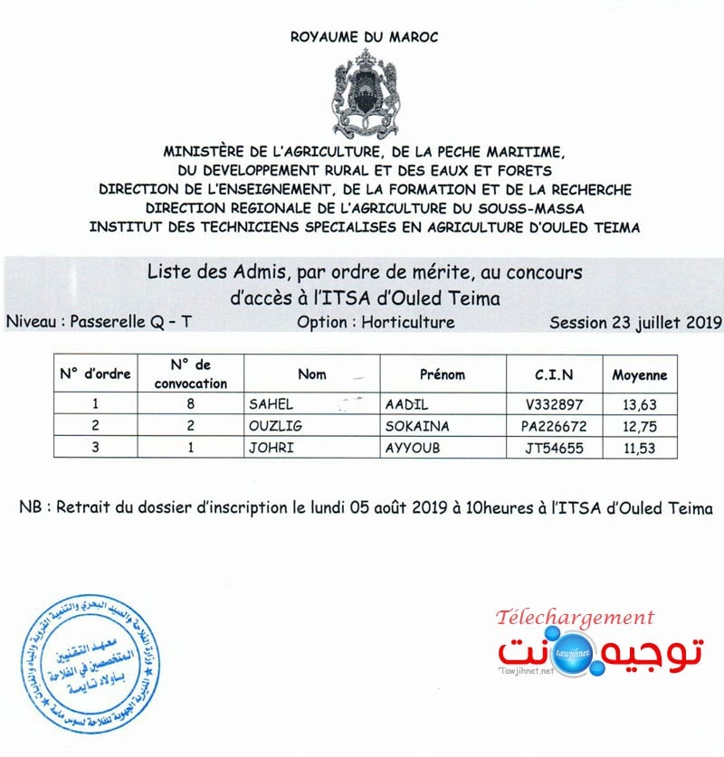 Résultats Concours Institut Agricole oulad teima Formation des Techniciens 2019