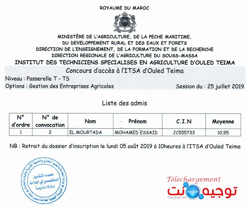 Résultats Concours Institut Agricole oulad teima Formation des Techniciens Spécialisés 2019