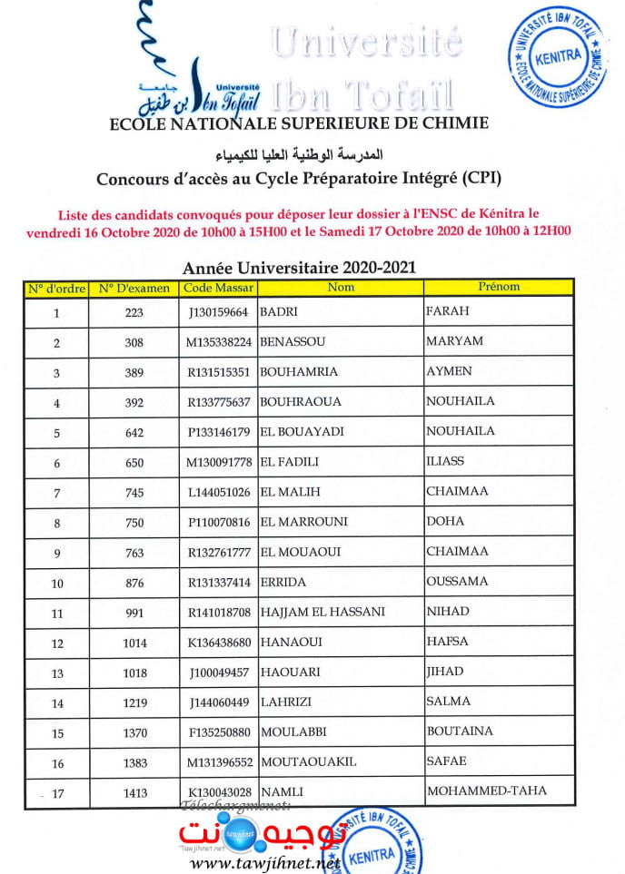 ensc kenitra liste attente