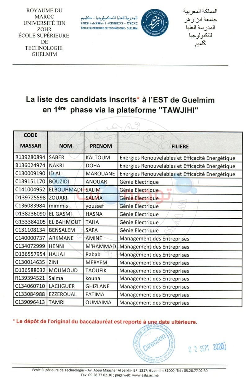 est guelmim candidats inscrit phase 1 2020