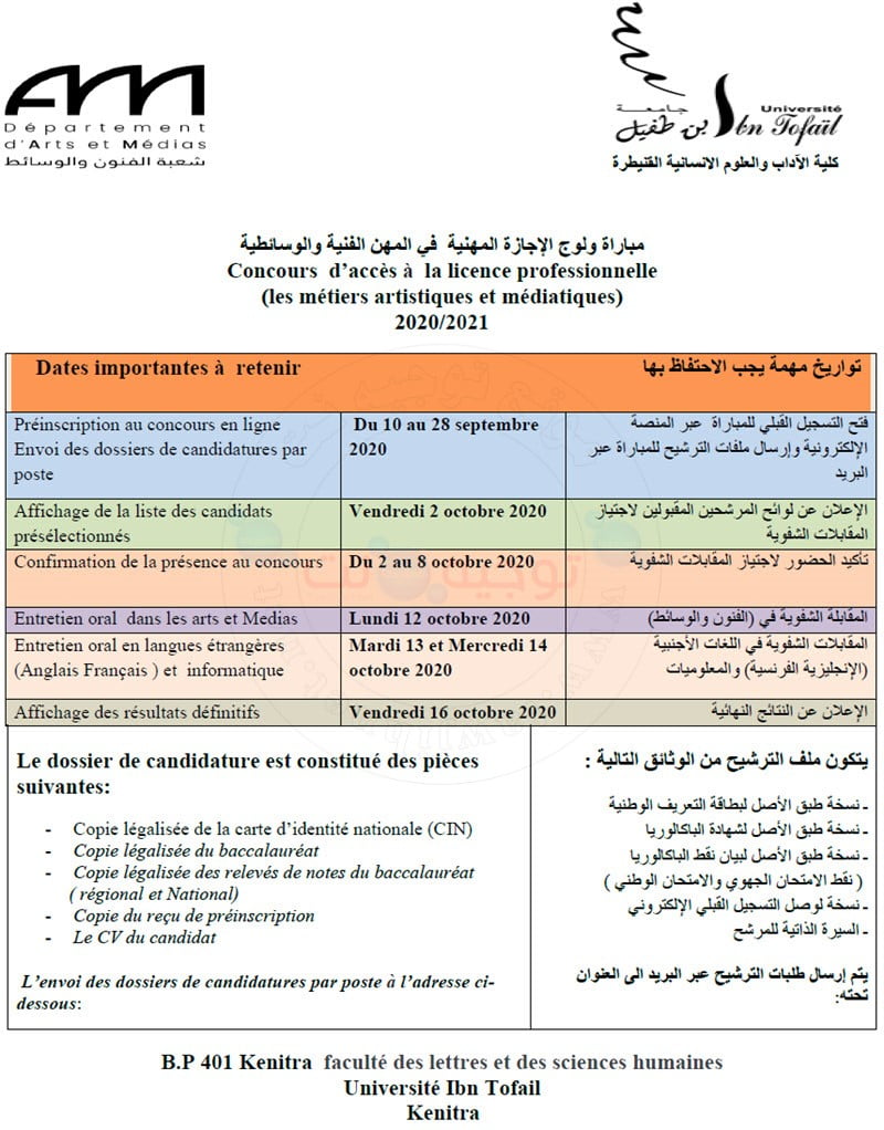 إعلان ولوج مسلك الإجازة المهنية في :  المهن الفنية والوسائطية 2020/2021 Les métiers Artistiques et Médiatiques