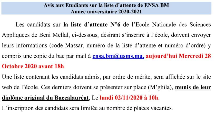 ensa beni mellal Avis liste dattentes N6