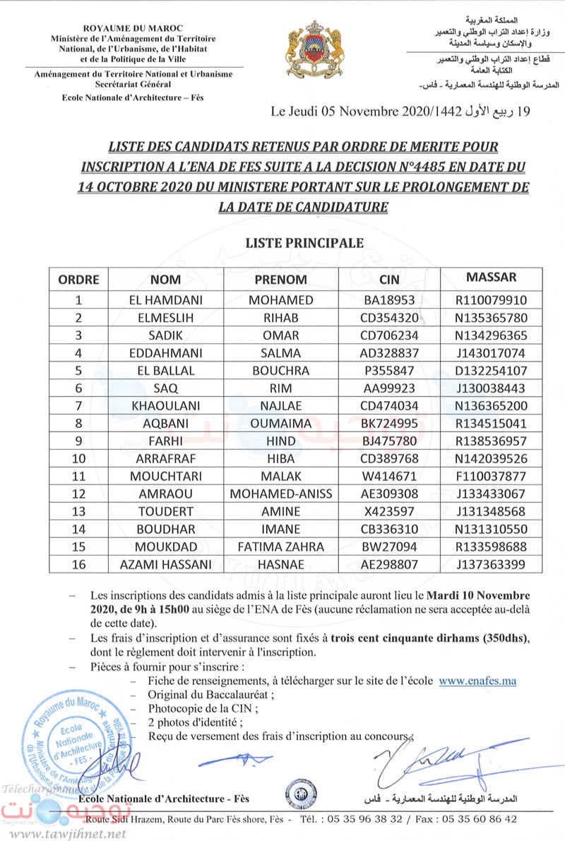 Résultats Sélection Ecoles Nationales d’Architecture ENA Fes Et Oujda Novembre 2020