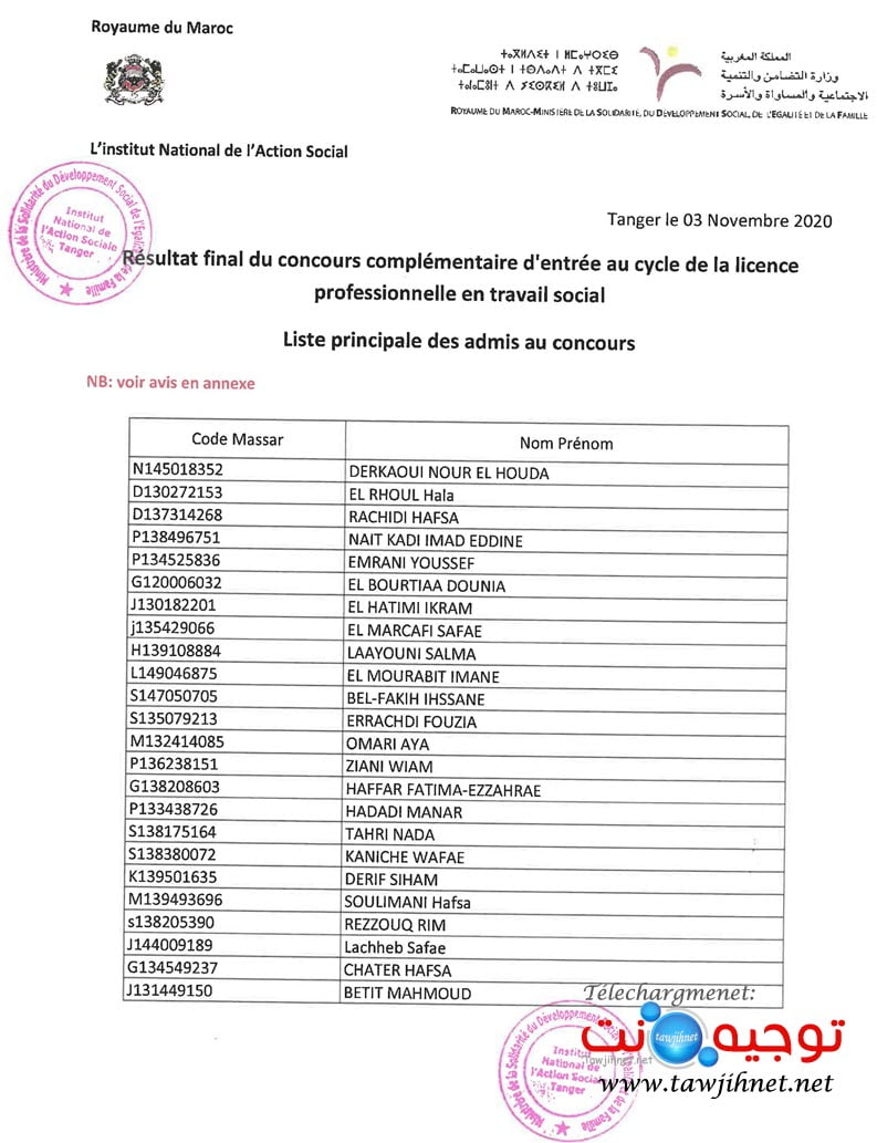 Résultats  Concours Complémentaire  INAS Tanger 2020 -2021