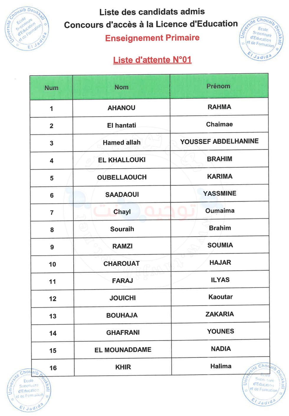 Listes d'attente ESEF El jadida