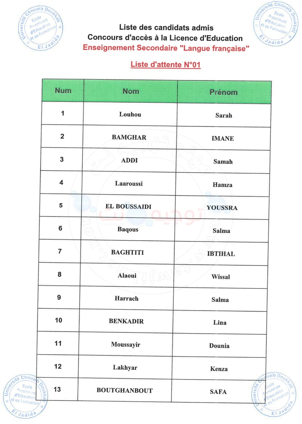 Listes d'attente ESEF El jadida