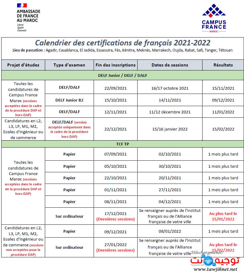 Calendrier Tcf 2025 Maroc Hatti Koralle