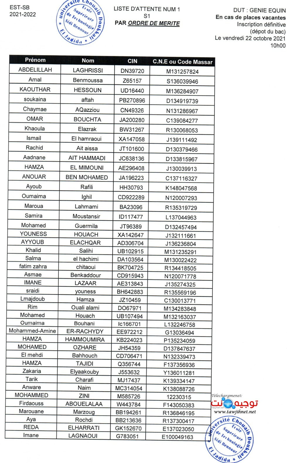est sidi bennour liste attente