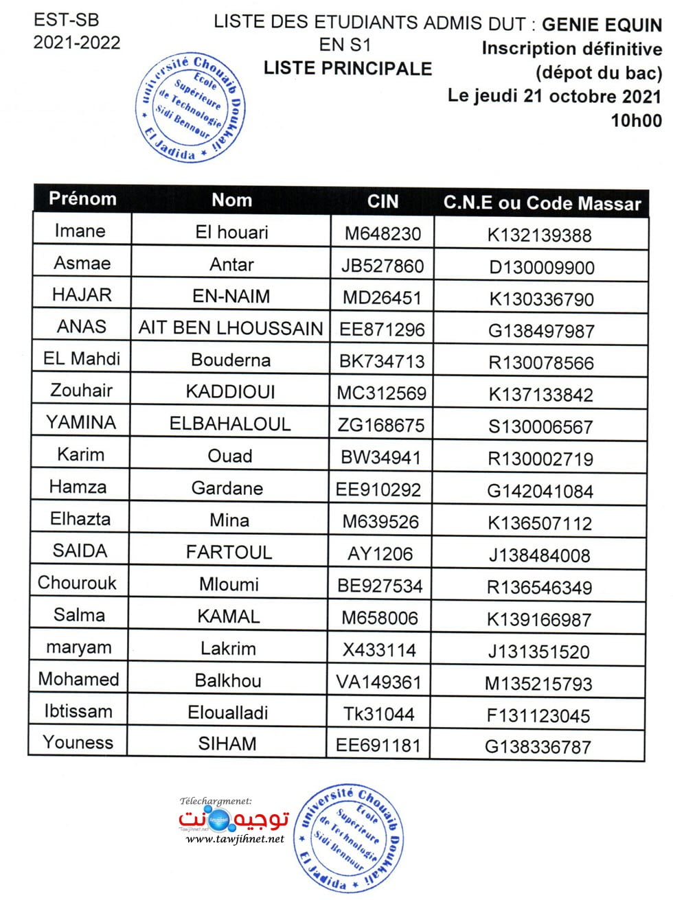 est sidi bennour liste principale