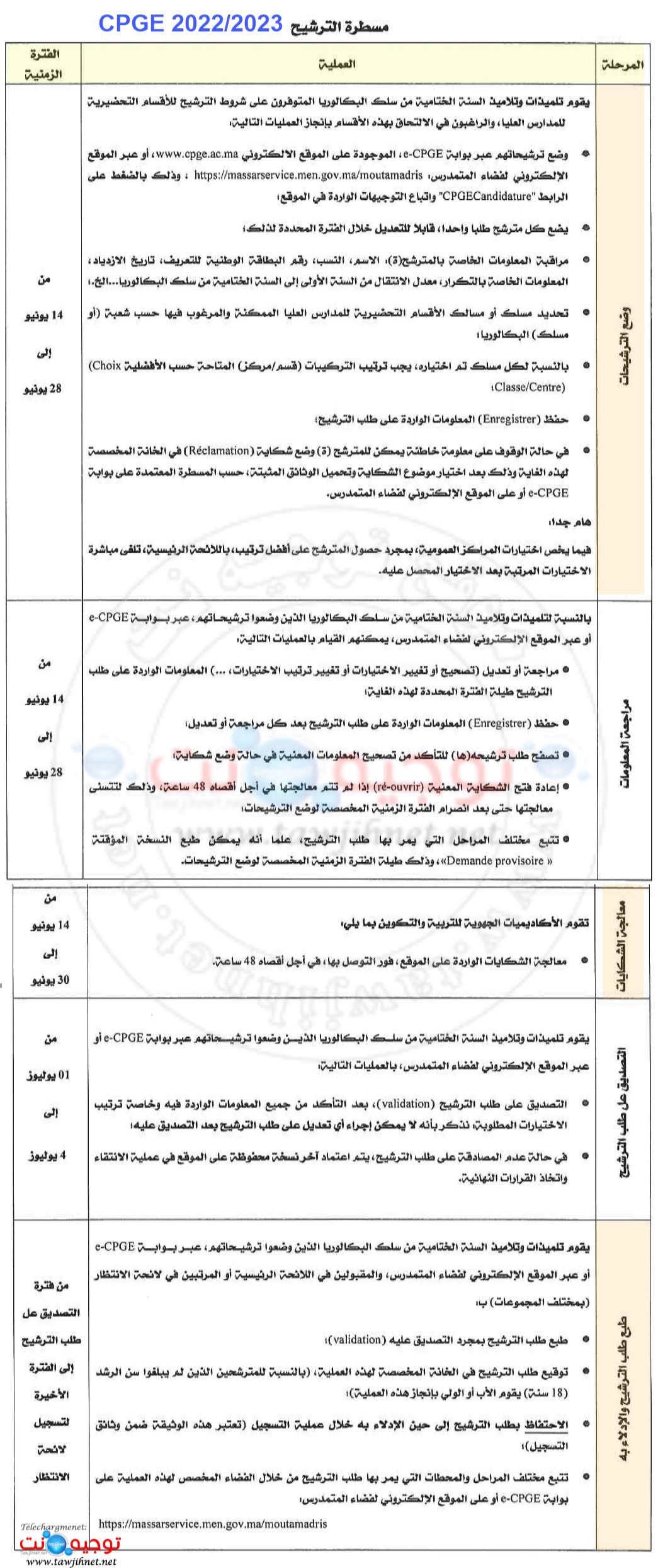 calendrier Bac inscription CPGE Maroc Classes Préparatoires  2022 2023