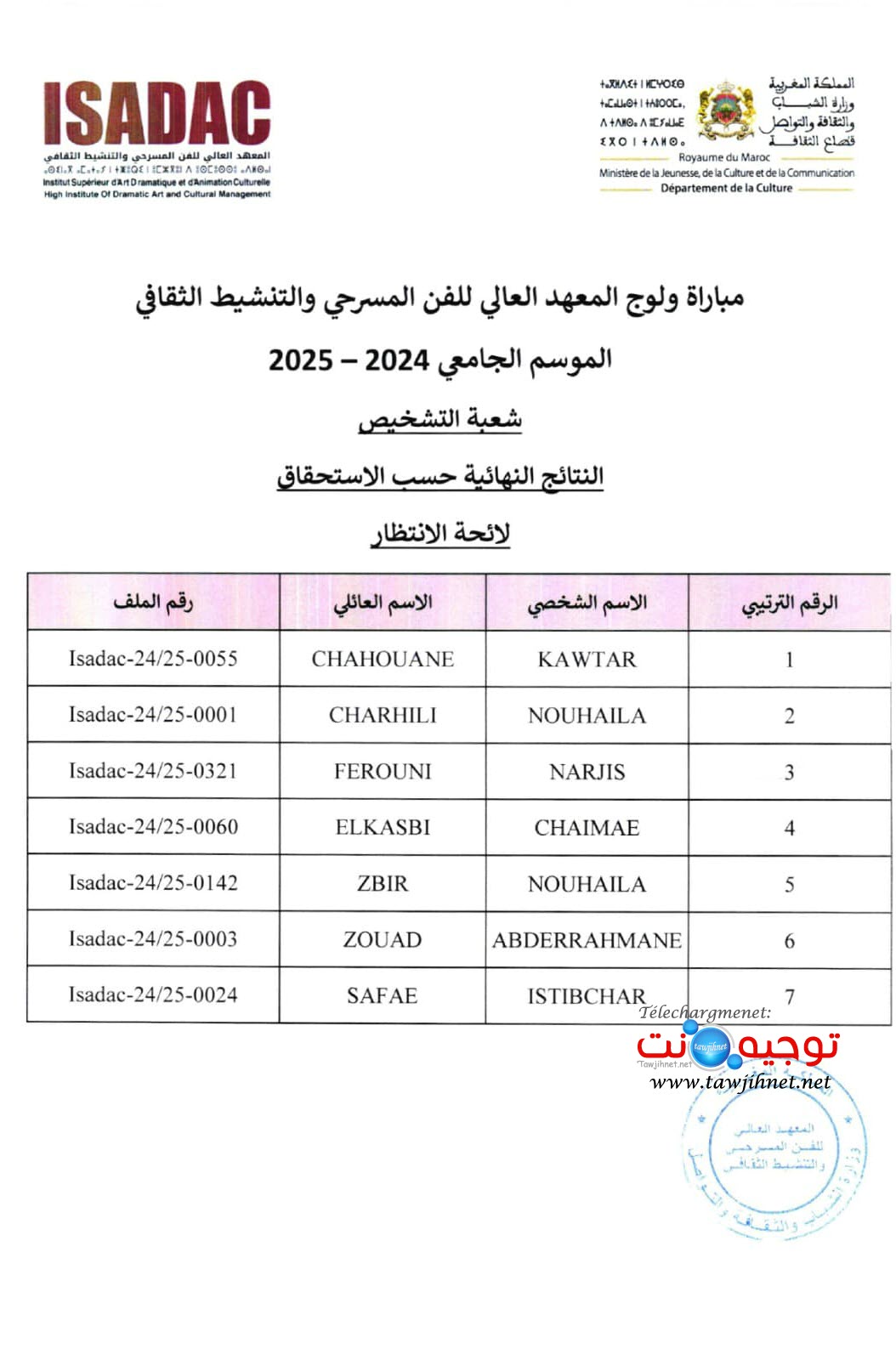 Résultats définitifs ISADAC Rabat 2024 2025
نتائج نهائية المعهد العالي للفن المسرحي والتنشيط الثقافي