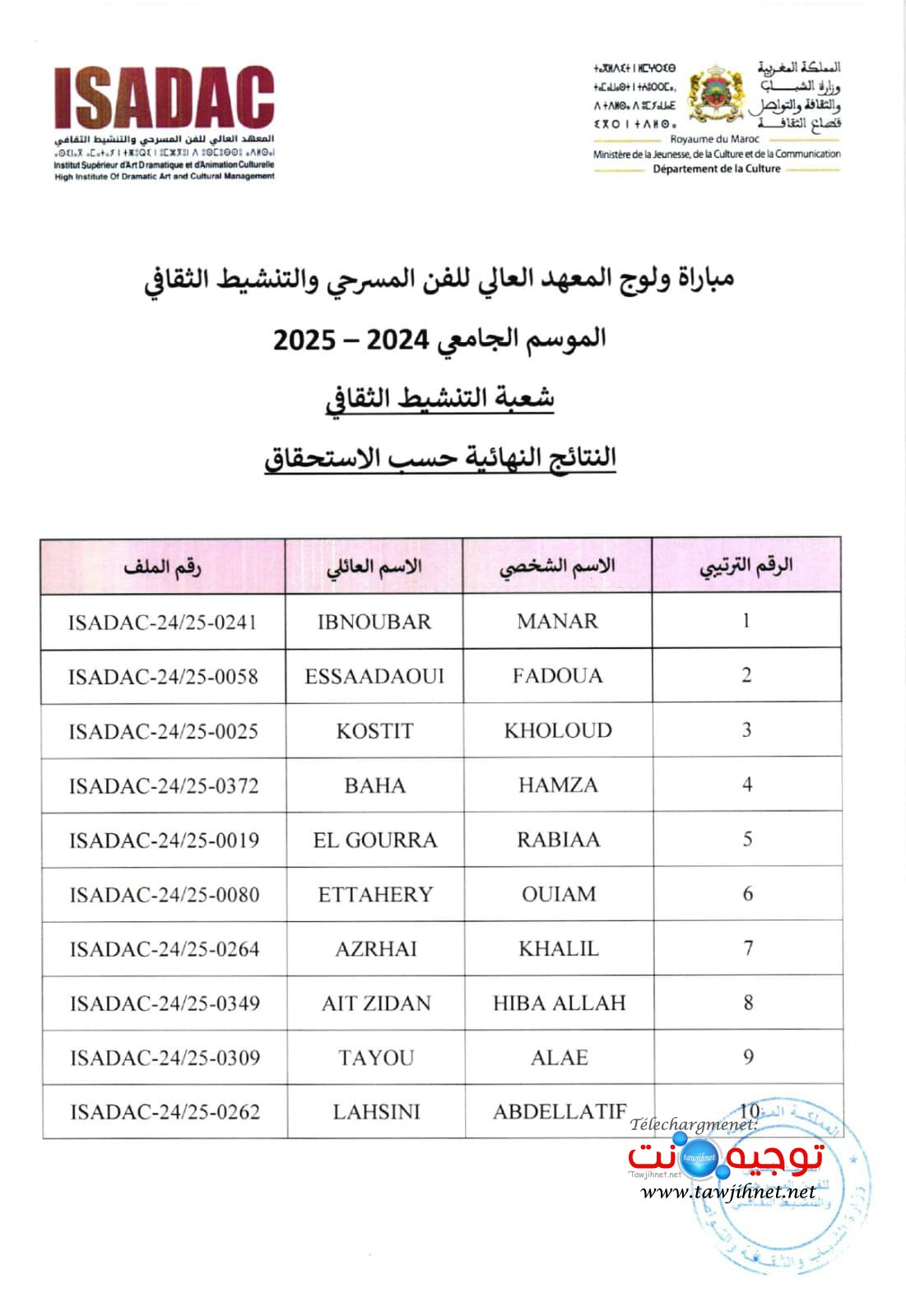 Résultats définitifs ISADAC Rabat 2024 2025
نتائج نهائية المعهد العالي للفن المسرحي والتنشيط الثقافي