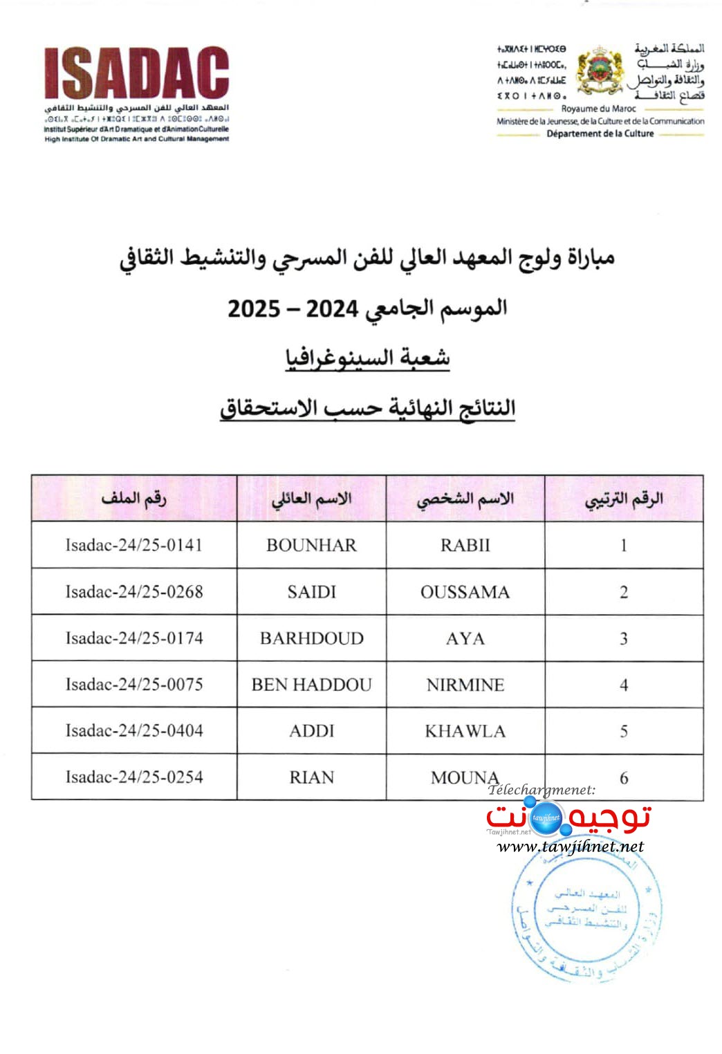Résultats définitifs ISADAC Rabat 2024 2025
نتائج نهائية المعهد العالي للفن المسرحي والتنشيط الثقافي