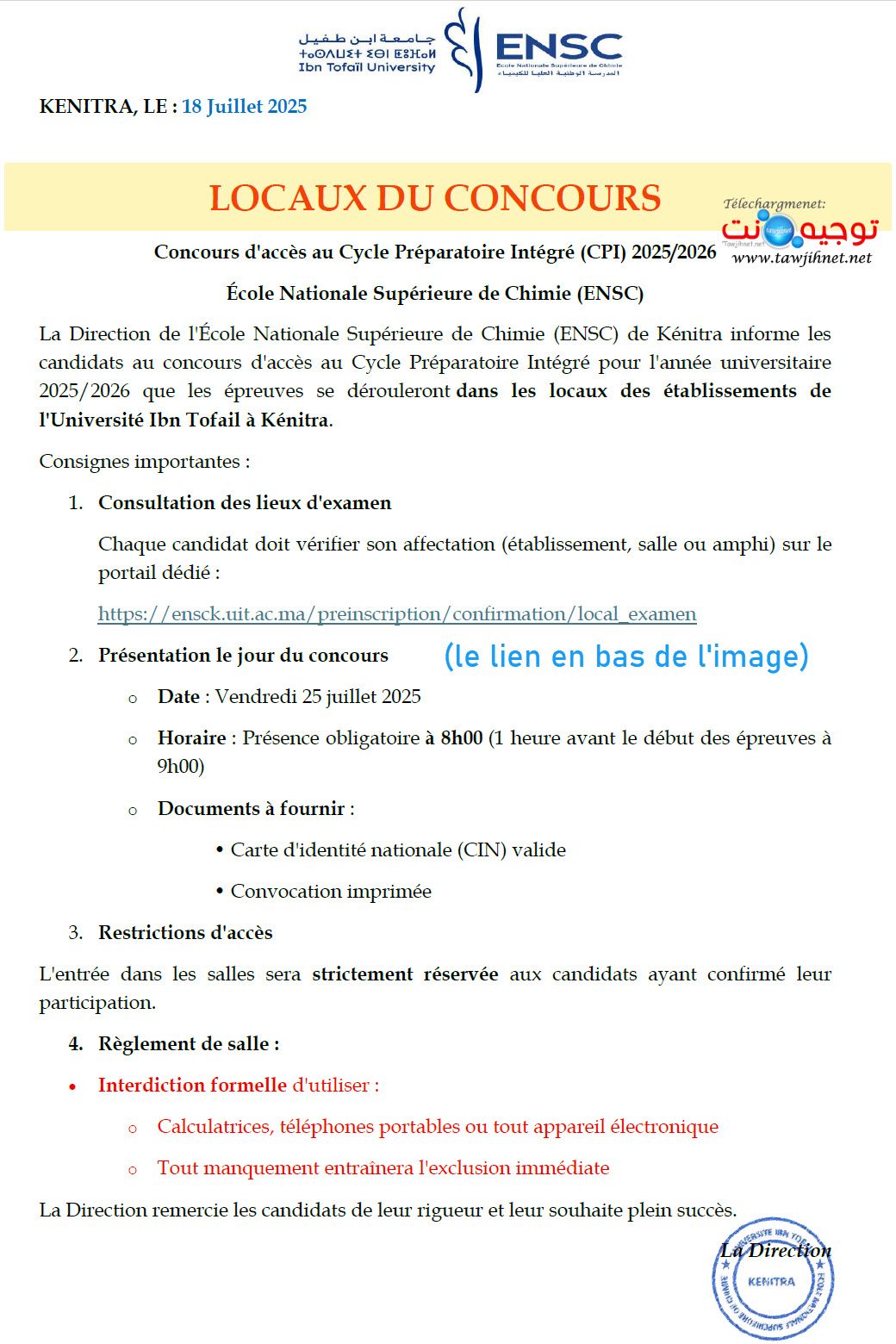 Ecole Nationale Superieure de Chimie ENSC LOCAUX DU CONCOURS 2025 2026