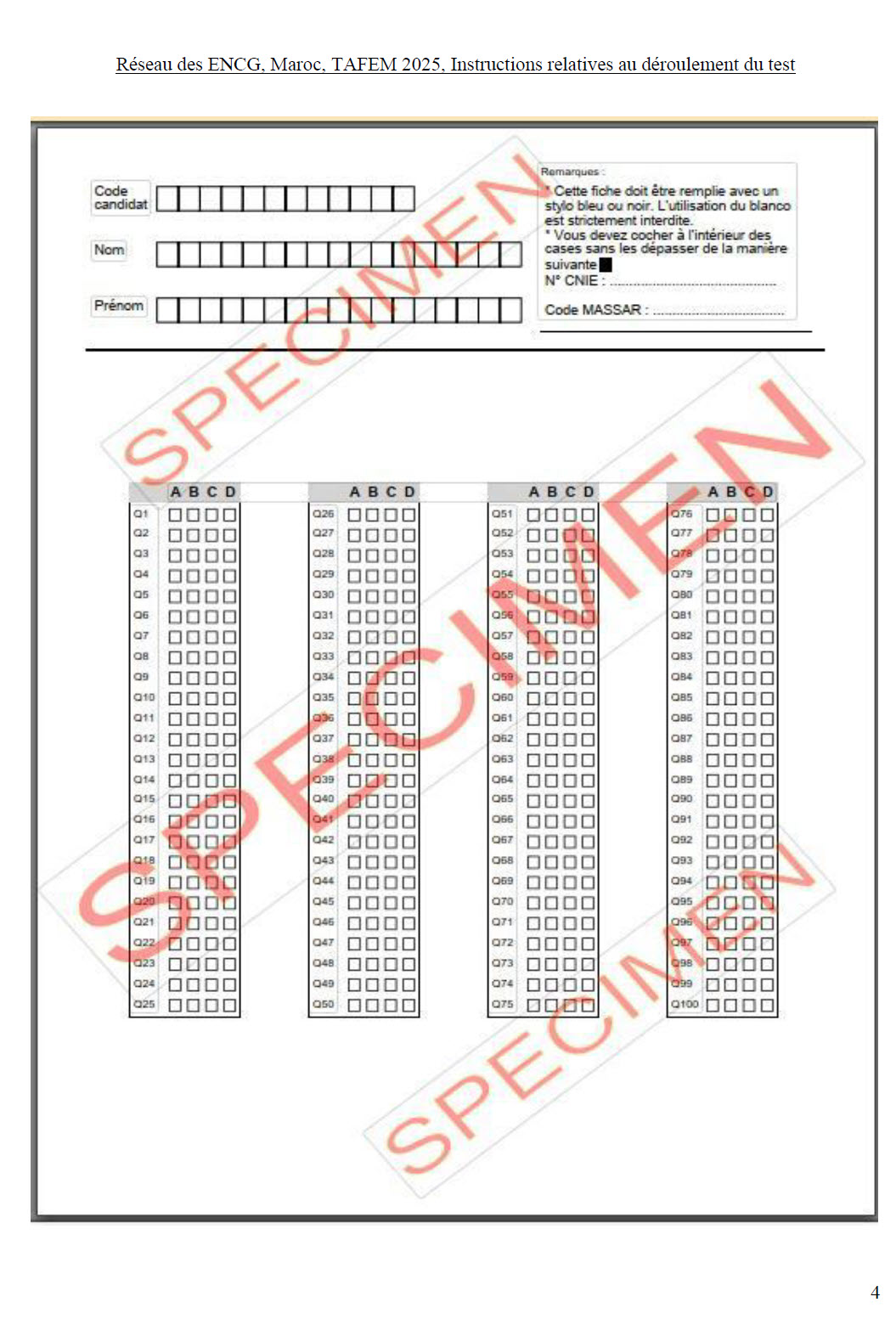 Réseau des ENCG, Maroc, TAFEM 2025, Instructions relatives au déroulement du test