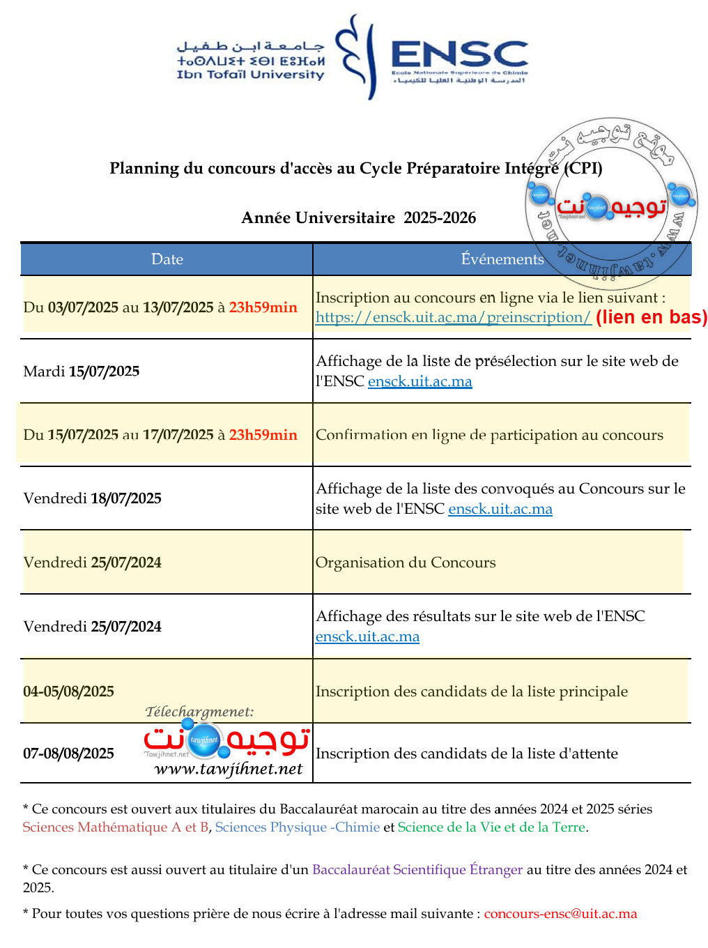 inscription Concours ENSC Kenitra CPI 2025 2026