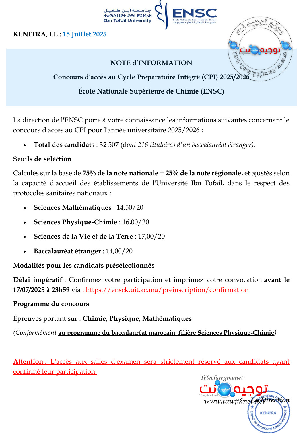 seuil ENSCK 2025 2026