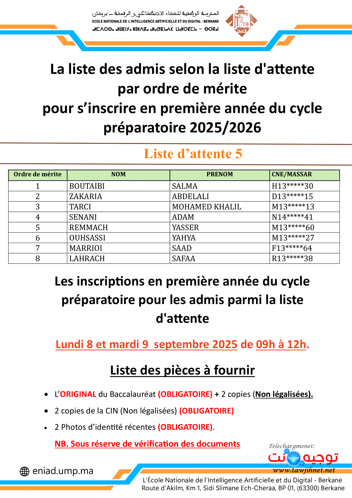 ENIAD Berkane Liste Attente5 2025