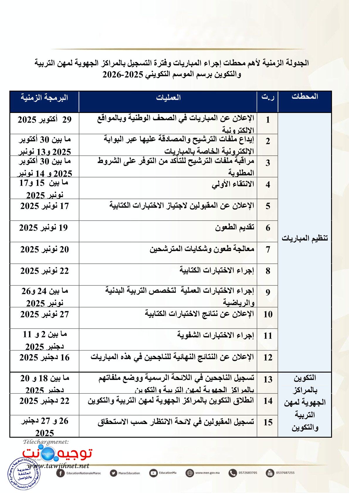 إجراء مباريات ولوج المراكز الجهوية لمهن التربية والتكوين
مباريات ولوج سلك تأهيل أطر التدريس بالمراكز الجهوية لمهن التربية والتكوين
- دورة نونبر 2025