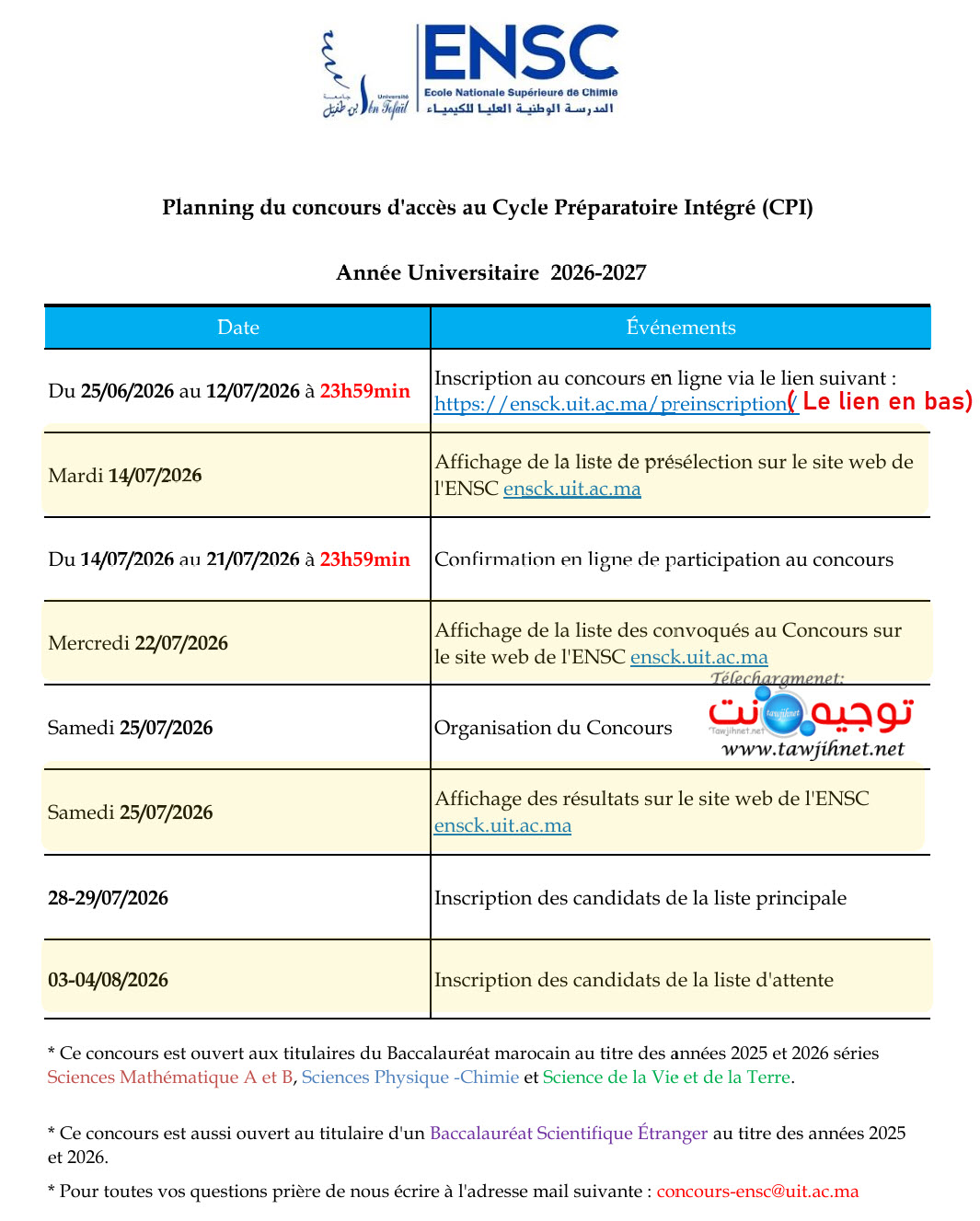 inscription Concours ENSC Kenitra CPI 2026 2027