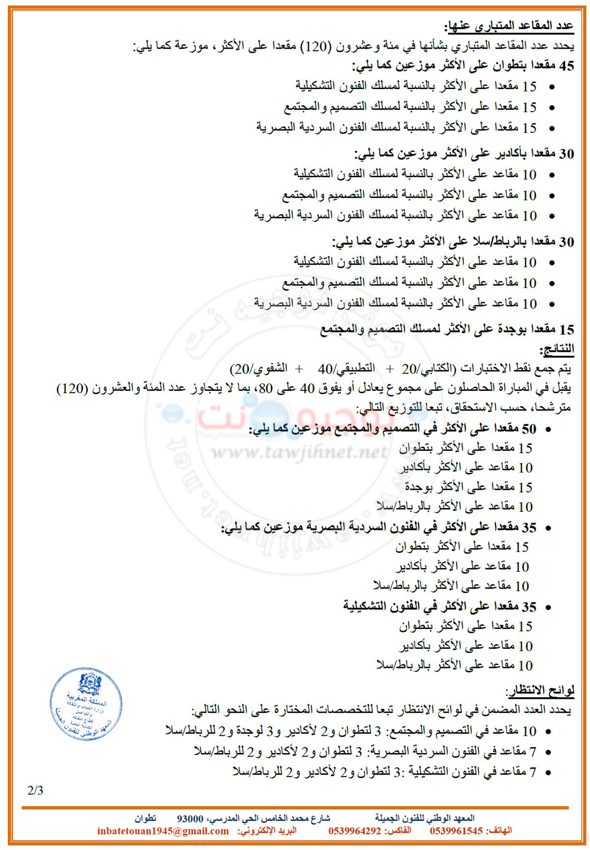 Concours INBA Tétouan Rabat Agadir Oujda 2026 2027