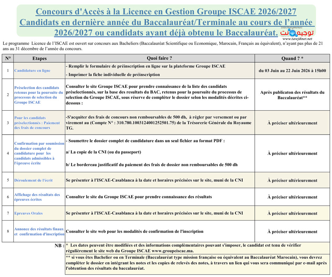 iscae licence 2026 2027