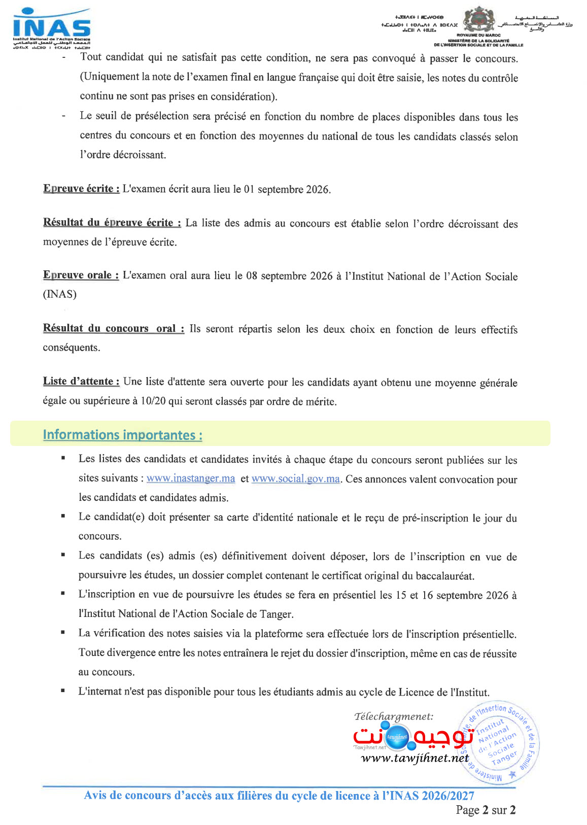 Concours INAS Tanger Licence 2026 2027