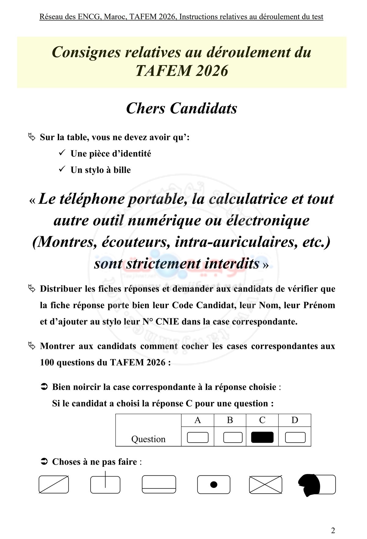 Instructions relatives au déroulement du test TAFEM 2026