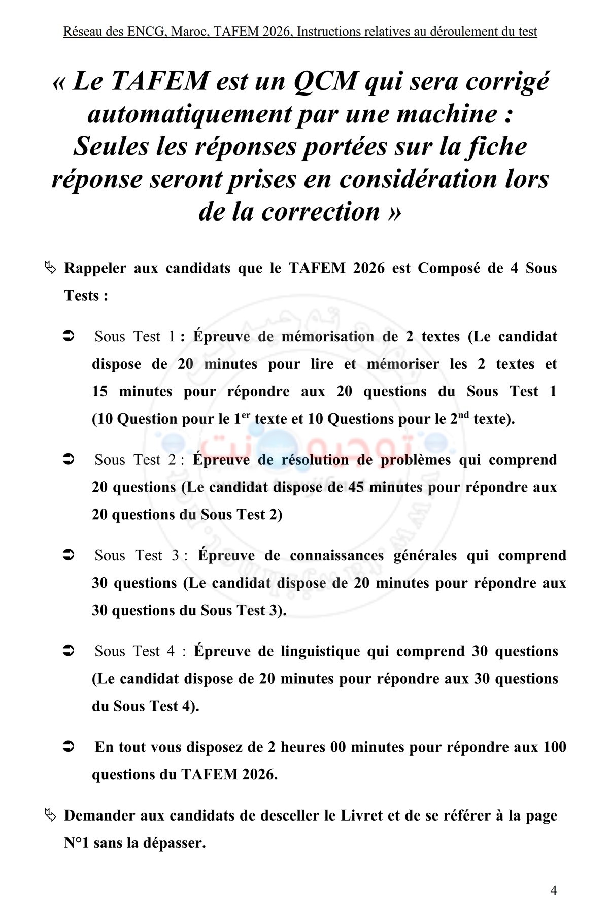 Instructions relatives au déroulement du test TAFEM 2026