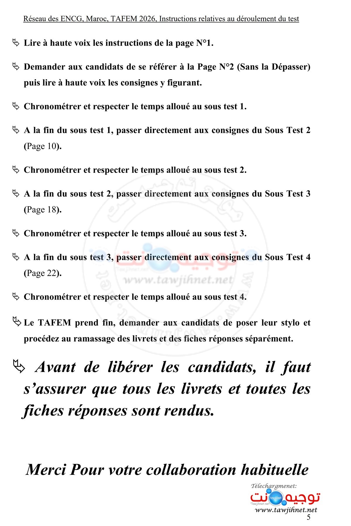 Instructions relatives au déroulement du test TAFEM 2026