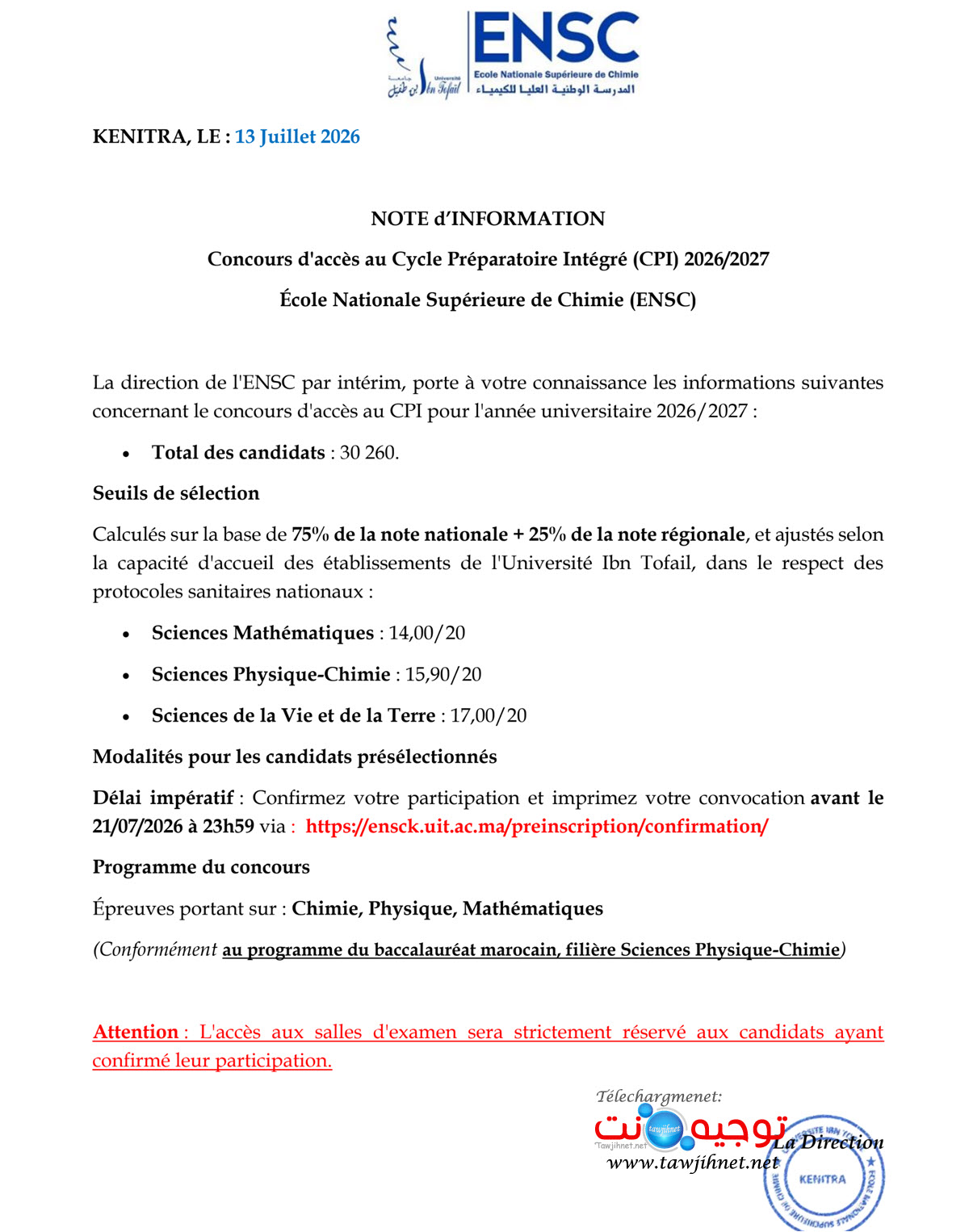 Preselection Seuil ENSC Kénitra ENSCK 2026 2027