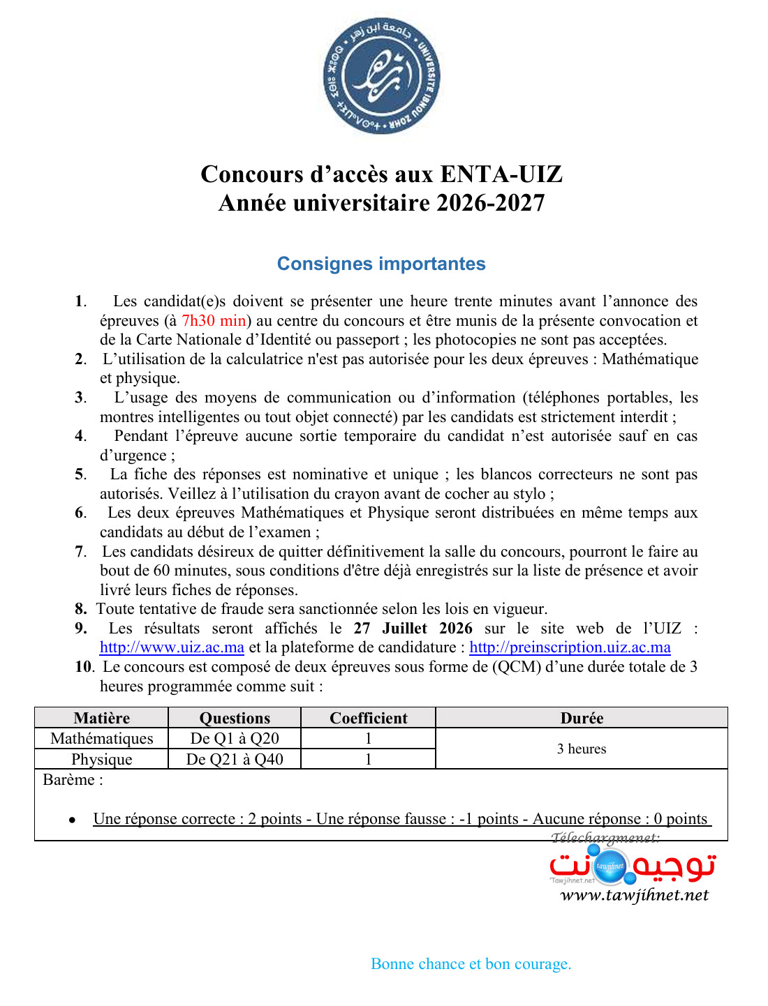 consigne ENTA 2026 2027