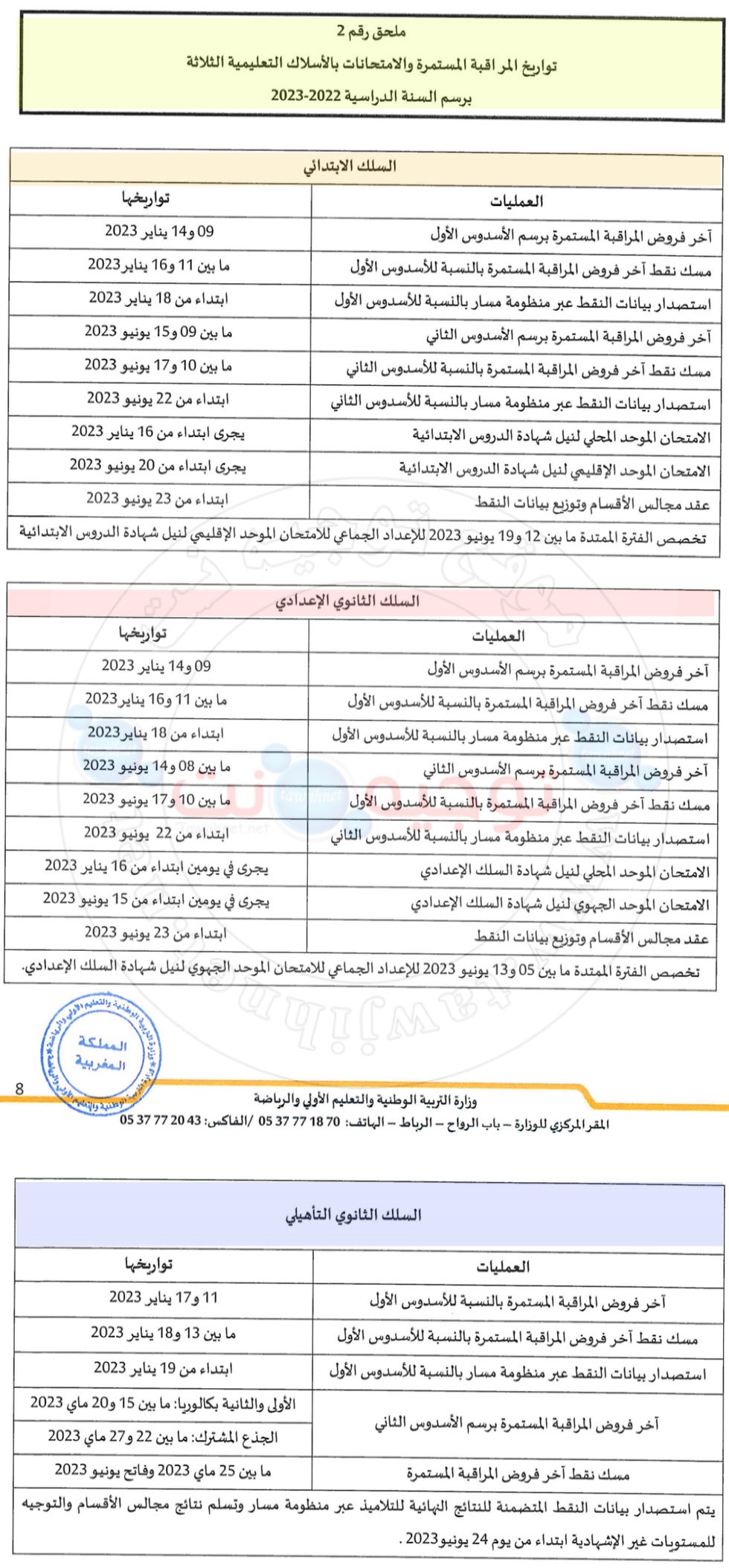 امتحانات المراقبة المستمرة جدولة الابتدائي الاعدادي التأهيلي 2022 2023.jpg